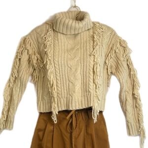 FOREVER 21 Cream Cable Knit Fringe Turtleneck Sweater Women's Size S